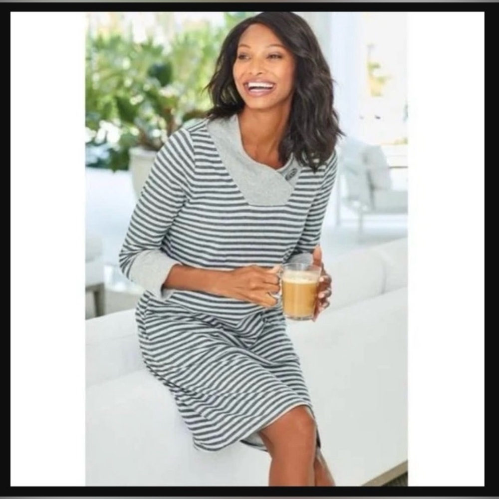 Soft Surroundings Chill Time dress cotton grey gray white long sleeve cozy comfy